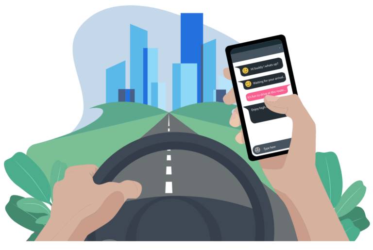 Cartoon image of hand on steering wheel of car and another hand holding a smart phone, driving down the road with cityscape in background
